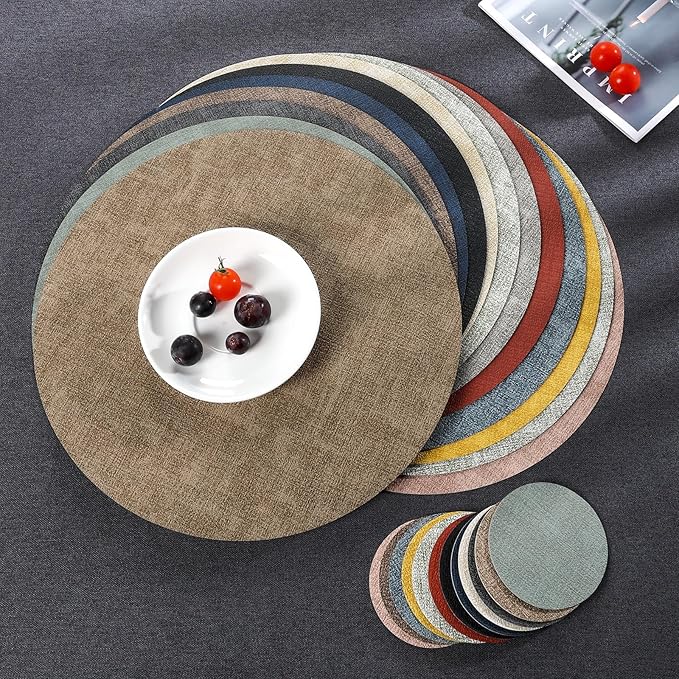Myir JUN Round Placemats, Dual Sided Faux Leather Place Mats Set of 4 Indoor/Outdoor Non-Slip Washable Table Mats (Cream-White Black, Set of 4)