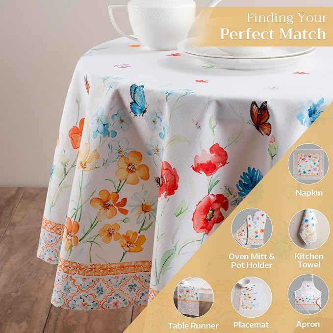 Maison d' Hermine Table Cloth Round Table 100% Cotton 63 Inches Tablecloth Reusable Decorative Everyday Use for Dining Room, Farmhouse, Home, Party, Festive & Wedding Spring Summer - Summer Whisper