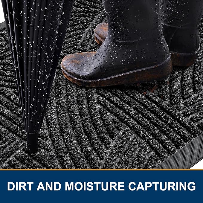 Smiry Front Door Mat Outside Entrance, Heavy Duty Sturdy Natural Rubber Doormat, Trap Dirt and Moisture, Easy Clean Low Profile Mats for Indoor Outdoor Entry, Interwoven Stripes (36x24, Black)