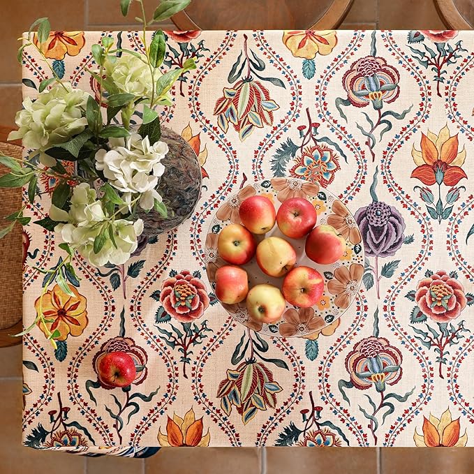 Vintage French Long Rectangular Tablecloth,Linen Tablecloth with Rose and Cornflower Pattern,Decorative Table Cover for Kitchen,Dining,Thanksgiving,Tea Party,63" × 102"-Lanae