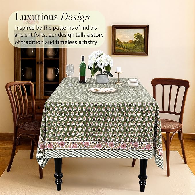 CPC Tablecloth 100% Cotton 70x108 Inch Indian Block Print Easter RectangleTable Cover, Table Cloth for Weddings, Parties- Jade Green 8-Seater