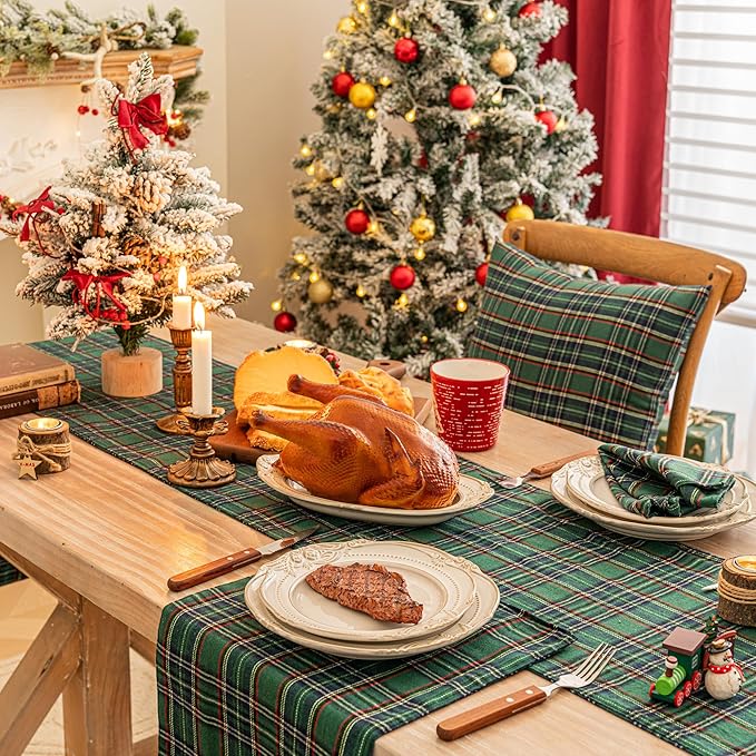 Green Blue Plaid Christmas Table Runner, Winter Holiday Table Runners 90 inches Long, Xmas Decorations Indoor Outdoor Farmhouse Home Kitchen Dining Party Decor