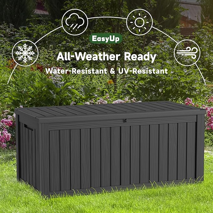 EasyUp 150 Gallon Outdoor Storage Box Waterproof, UV Resistant Resin Deck Box with Hydraulic Rod, Reinforced Stability for Patio, Garden, and Pool, Striped Black