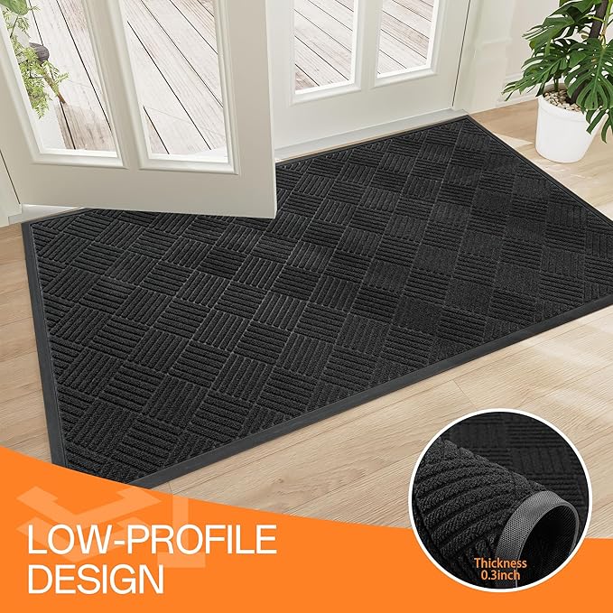 Indoor Outdoor Door Mat, 4’x 2' Doormat for Entryway, Rubber Backing Non Slip Front Door Mat Outside Entrance, Super Absorbent Commercial Floor Mat for Home Office, Black