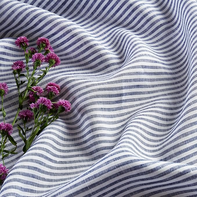 Solino Home Linen Table Runner 90 Inches Long - Narrow Stripe, 100% Pure Linen Navy and White Table Runner 14 x 90 Inch for Dining, Spring, Easter