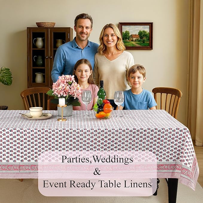 CPC Tablecloth 100% Cotton 60x90 Inch Indian Block Print Rectangle Table Cover, Washable Table Cloth for WeddingsSpring/Summer, Barbeque - Pink Sapphire