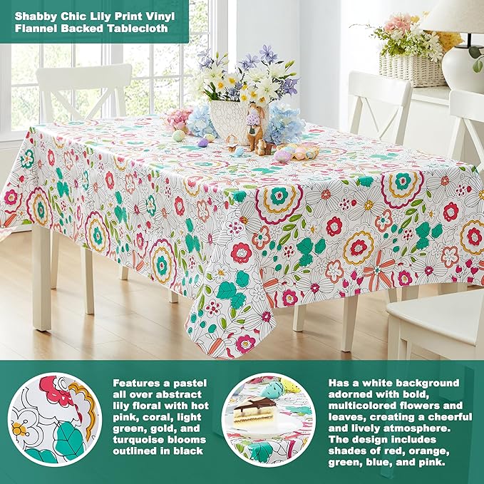 Newbridge Shabby Chic Lily Print 60 x 102 Inch Rectangle Vinyl Flannel Backed Tablecloth, Pink Yellow and Green Lily Indoor and Outdoor Waterproof Vinyl Table Cover for Spring Holiday Party