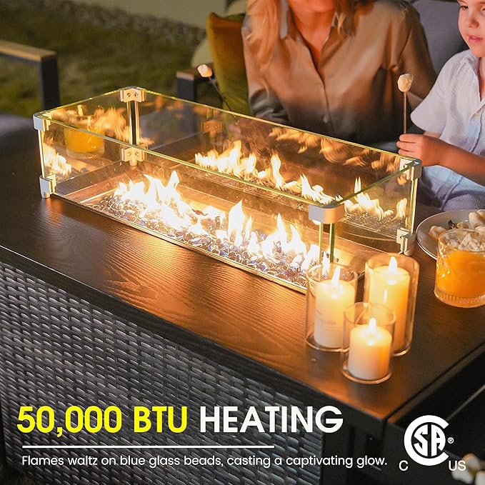 Sundale Outdoor 52 Inch Outdoor Fire Pit Table, 50,000 BTU Propane Fire Pits with Storage Shelf, Glass Wind Guard and Lid, Wicker Patio Gas Fire Pit for Outside Patio and Garden, CSA-Listed(Brown)
