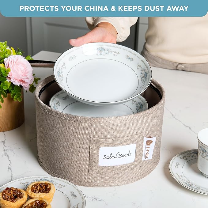 China Storage Hard Shell Containers 12-Piece Set Moving Boxes for Dinnerware, Glasses, Plates, Mugs and Saucers Sturdy Dish Organizer with Dividers for Seasonal Storage - Service for 12 - Brown
