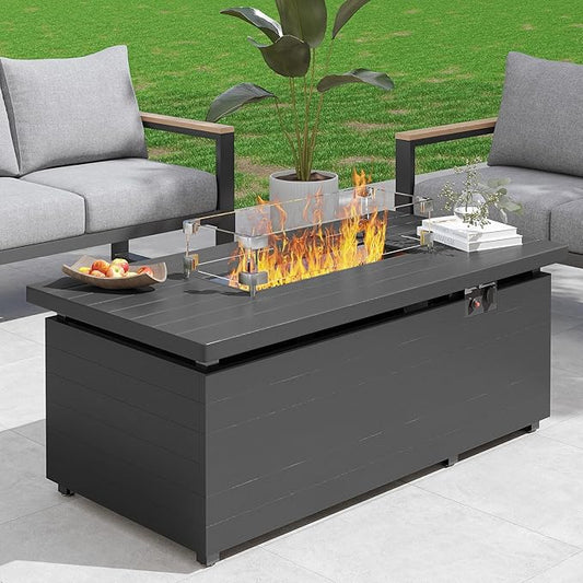 Sundale Outdoor 51 Inch Outdoor Fire Pit Table, 50,000BTU Rectangle Propane Fire Pit with Sliding Tank Holder, Glass Wind Guard, Removable Lid, CSA Certified, Gray