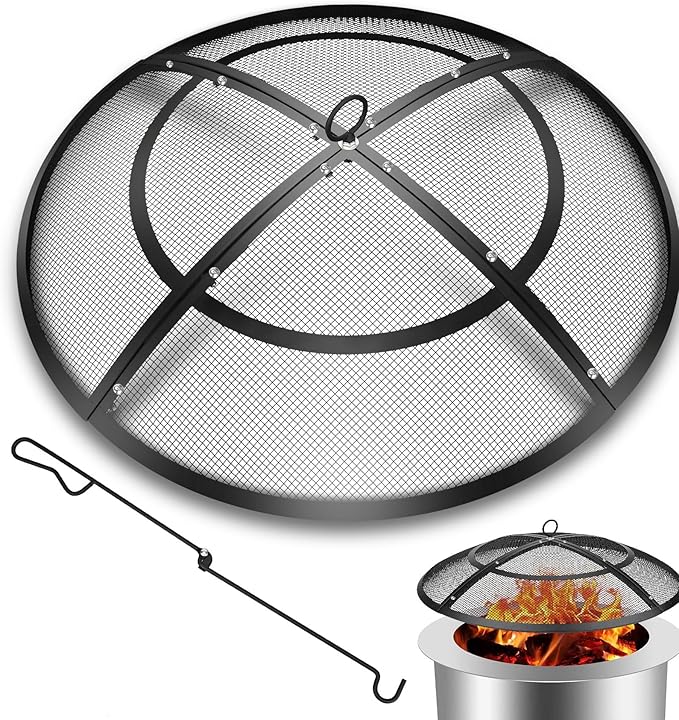 Fire Pit Spark Screen,24 Inch Fire Pit Screen Cover Outdoor with Handle&Poker,Firepit Screens Round Cover Mesh Replacement Heavy-Duty Steel Fire Pit Cover for Backyard/Beach/RV Camping
