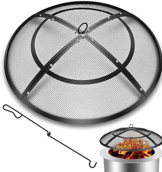 Fire Pit Spark Screen,24 Inch Fire Pit Screen Cover Outdoor with Handle&Poker,Firepit Screens Round Cover Mesh Replacement Heavy-Duty Steel Fire Pit Cover for Backyard/Beach/RV Camping