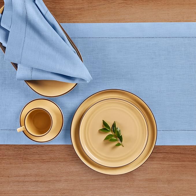 Solino Home Linen Cornflower Blue Table Runner 120 Inches Long - 100% Pure Linen Hemstitch 14 x 120 Inch Table Runner for Dining, Spring, Easter - Classic Hemstitch