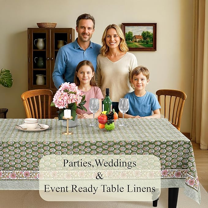 CPC Tablecloth 100% Cotton 70x108 Inch Indian Block Print Easter RectangleTable Cover, Table Cloth for Weddings, Parties- Jade Green 8-Seater