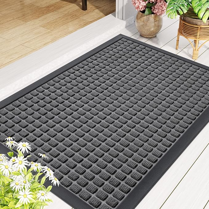 Smiry Front Door Mat Outside Entrance, Heavy Duty Natural Rubber Doormat, Non Slip, Trap Dirt and Moisture, Easy Clean, Low Profile Welcome Floor Mats for Indoor Outdoor Entry, 35x23 Inch, Grey