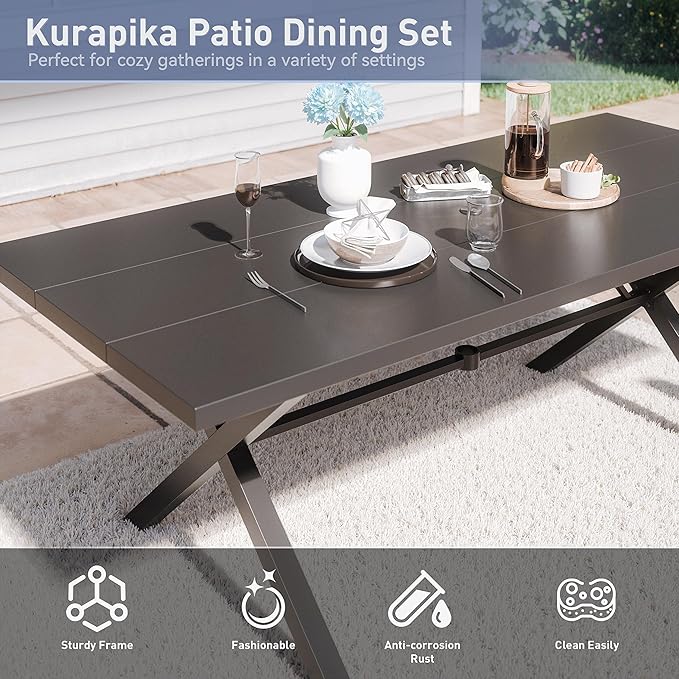 Kurapika 9-Piece Patio Dining Set, Patio Furniture Set for 8, Outdoor Large Metal Table with Umbrella Hole and Textilene Chairs, for Garden, Deck, Porch, Pool All Weather, Brown
