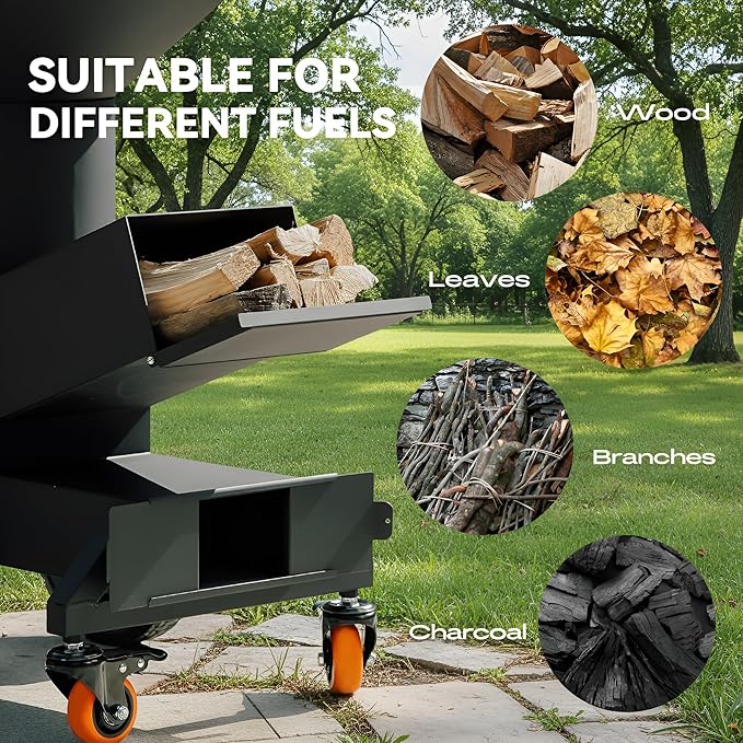 3-in-1 Rocket Stove with Griddle, Grate & Pot Rack, Large Wood BBQ Grill with Wheels, Ash Tool & Cover, Outdoor Stove for Patio Barbecue Cooking Backyard Camping RV Tailgating, GS346