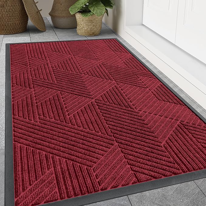 Smiry Front Door Mat Outside Entrance, Heavy Duty Sturdy Natural Rubber Doormat, Trap Dirt and Moisture, Easy Clean Low Profile Mats for Indoor Outdoor Entry, Irregular Triangle (47x32, Wine Red)