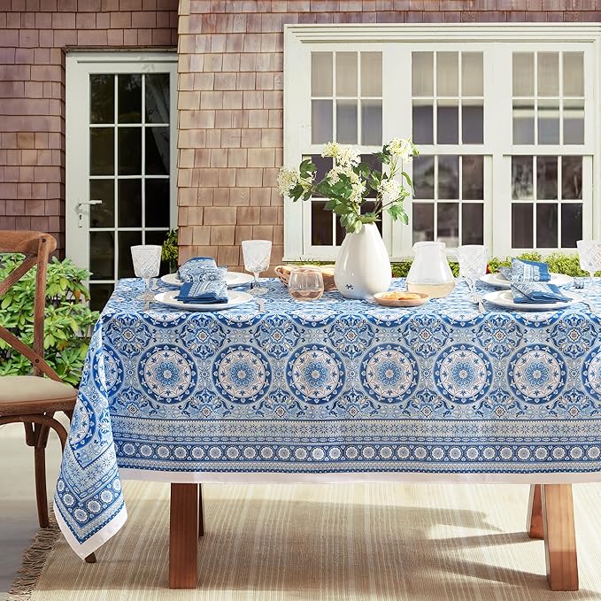 Elrene Home Fashions Vietri Medallion Blue Coastal Block Print Stain & Water Resistant Indoor/Outdoor Fabric Rectangle Tablecloth, 60"x120"