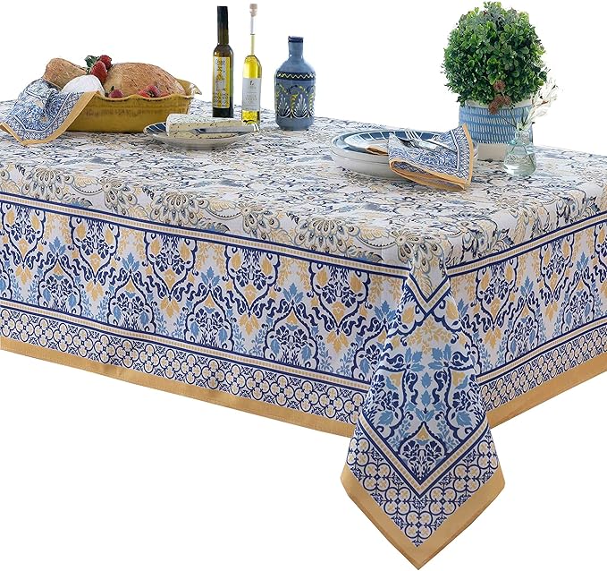 Home Bargains Plus Rectangle Fabric Tablecloth, 60 x 102 Inch, Allure Yellow and Blue Floral Bordered Print, Indoor Outdoor Stain and Water Resistant Table Cloth, Provence French Country