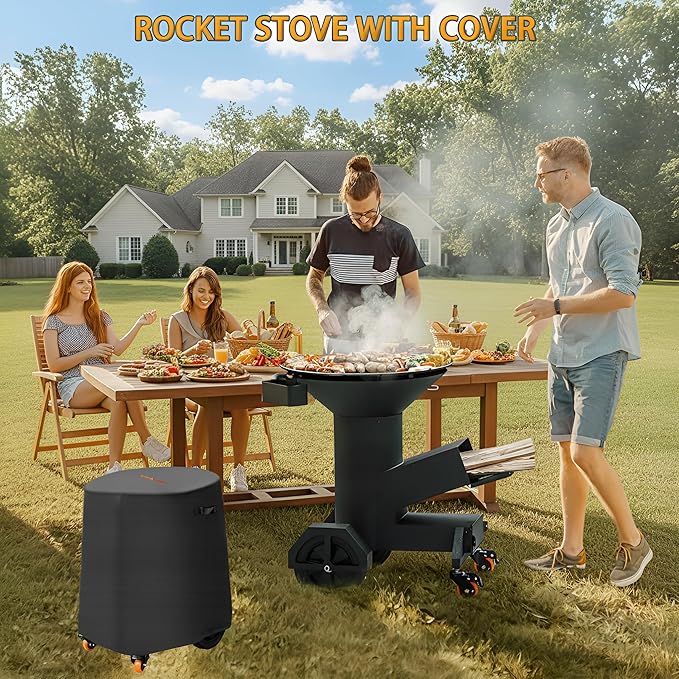 3-in-1 Rocket Stove with Griddle, Grate & Pot Rack, Large Wood BBQ Grill with Wheels, Ash Tool & Cover, Outdoor Stove for Patio Barbecue Cooking Backyard Camping RV Tailgating, GS346