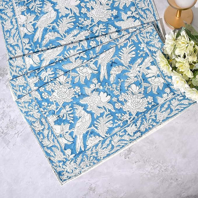 CPC Cotton Table Runner 16x90 Inch Block Printed Long Fall Table Runner for Dining Table, Card Table, Coffee Table, Wedding, Farmhouse & Outdoor Barbeque-Blue Sapphire