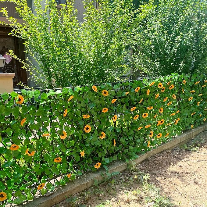 Expandable Fence Privacy Screen for Balcony Patio Outdoor,Decorative Faux Ivy Fencing Panel,Artificial Hedges (Single Sided Leaves) (4, Sunflowers)