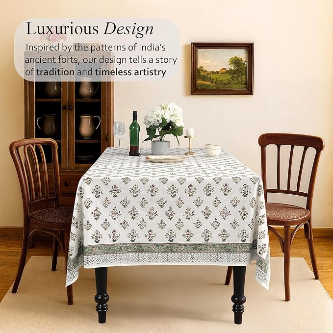 CPC Tablecloth 100% Cotton 60x90 Inch Indian Block Print Rectangle Table Cover, Washable Table Cloth for Weddings, Spring/Summer, Barbeque - Forest Green