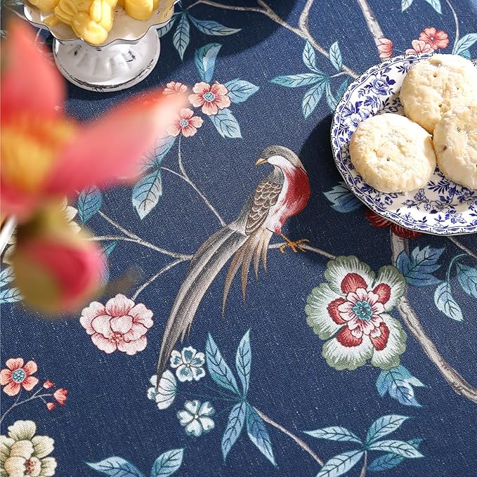 patdrea Designer Vintage Dark Blue Linen Square Tablecloth,Navy French Floral and Birds Pattern Tableloths,Decoration Table Cover for Kitchen,Dining,Tea Party,Home,Christmas,67"*67"