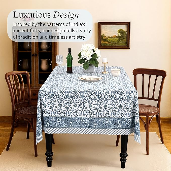 CPC Ocean Vine Tablecloth 100% Cotton 72x160 Inch Indian Block Print Rectangle Table Cover, Table Cloth for Gifting in Weddings, Halloween, Fall, Christmas, Thanksgiving