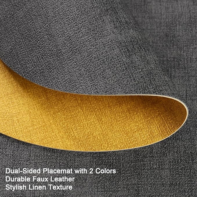 Placemats and Coasters, Washable Reversible Placemats Round Faux Leather Wipeable Place Mats Non Slip Heat Resistant Indoor Outdoor Table Mats (Set of 4, Gray Yellow)