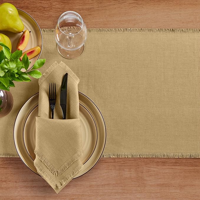 Solino Home Fringe Linen Table Runner 108 Inches Long - 100% Pure Linen Kelp Dining Table Runner 14 x 108 Inch for Spring - Handcrafted and Machine Washable