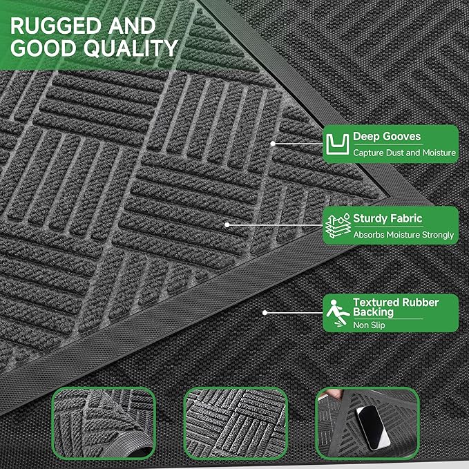 Front Door Mat, Heavy Duty Indoor Outdoor Doormat, 60" x 36" Low Profile Outdoor Mats for Home Entrance, Stain and Fade Resistant Welcome Mat Ideal for High Traffic Area, Diamond Grey