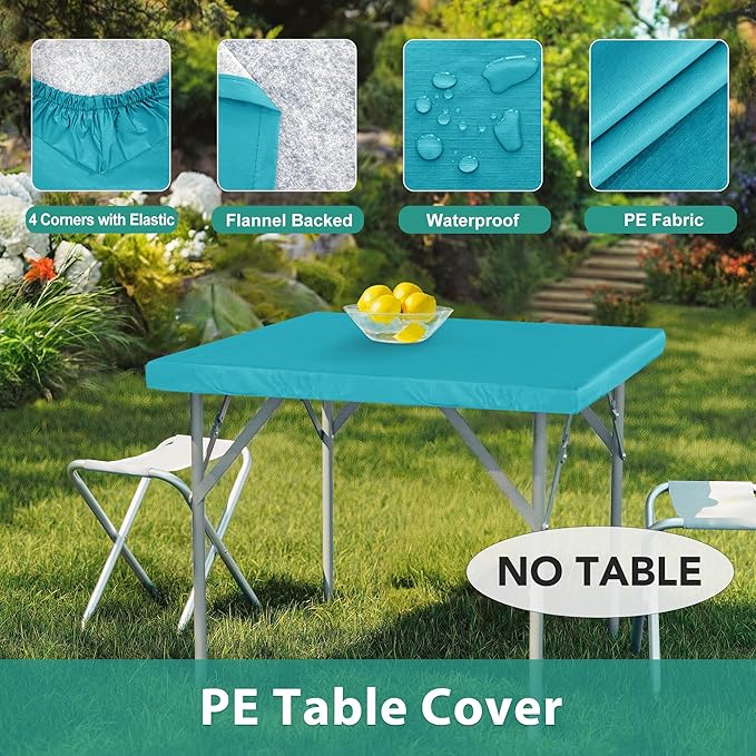 LUSHVIDA 2 Packs Vinyl Card Tablecloth with Flannel Backing 48x48 inch - Waterproof Plastic Picnic Table Cover for Square Folding Table Cloth with Elastic Corners, Teal