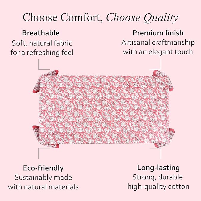 CPC Cotton Tablecloth 80x120 Inch Rectangle Indian Block Print Tablecloth- Pink Washable Wedding Table Cover for Thanksgiving/Christmas- Pink Coral