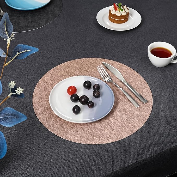 Myir JUN Round Placemats, Dual Sided Faux Leather Place Mats Set of 6 Indoor/Outdoor Non-Slip Washable Table Mats (Gray Pink, Set of 6)