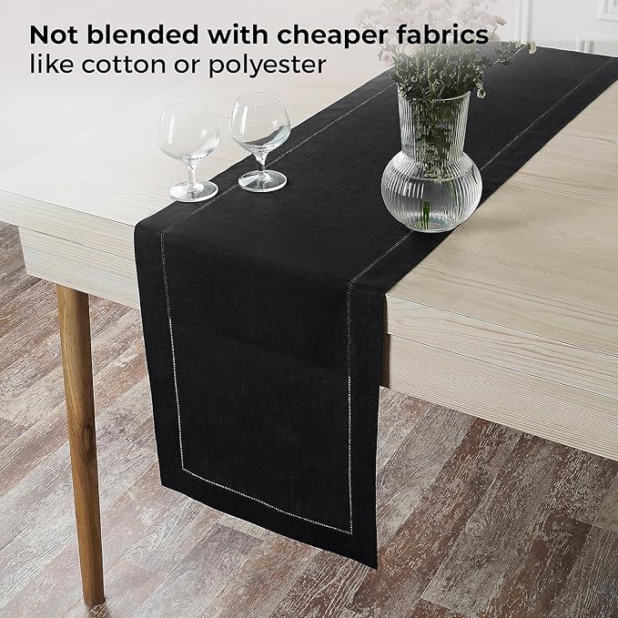 D'Moksha Homes Linen Black Table Runner 36 Inches - 100% Pure Linen Small Table Runner 14 x 36 Inch Ideal for Dresser, Coffee Tables, Spring, Easter - Classic Hemstitch