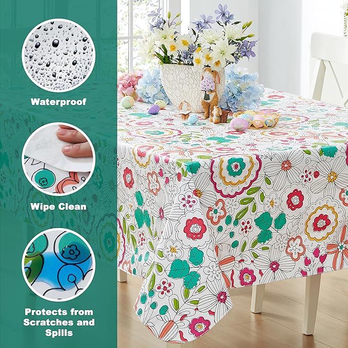 Newbridge Shabby Chic Lily Print 60 x 102 Inch Rectangle Vinyl Flannel Backed Tablecloth, Pink Yellow and Green Lily Indoor and Outdoor Waterproof Vinyl Table Cover for Spring Holiday Party
