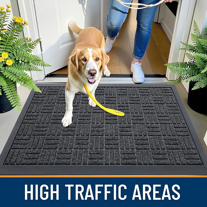 OLANLY Front Door Mat Outside Entrance 29.5x17, Absorbent, Heavy Duty Sturdy Natural Rubber Doormat Indoor Outdoor, Non-Slip, Stain and Fade Resistant, Low Profile Floor Mat for Entryway, Black Gray