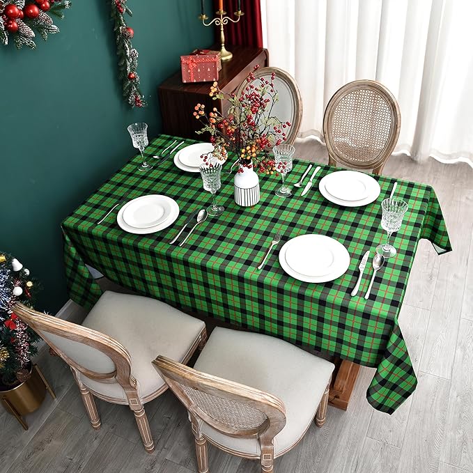 Gingham Plaid Tablecloth - Rectangular 58x102 Inch Water Resistant St Patricks Table Cloth for Indoor/Outdoor Use - Seasonal Irish Christmas Table Cover for Kitchen, Picnics, and Parties