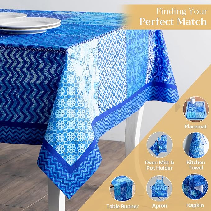 Maison d' Hermine Table Cloth Rectangle Table 100% Cotton 60 x 90 Inches Tablecloth Reusable Decorative for Dining Room, Farmhouse, Home, Party, Festive & Wedding Spring Summer - Indigo Love