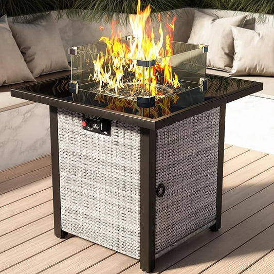 Propane Outdoor Fire Pit Table, 28" Rattan Square Fire Pit Table, Outdoor Gas FirePit With Glass Wind Guard, Tempered Glass Tabletop, Lid, CSA Listed, 50,000 BTU, Outside Patio & Garden, Grayish-White