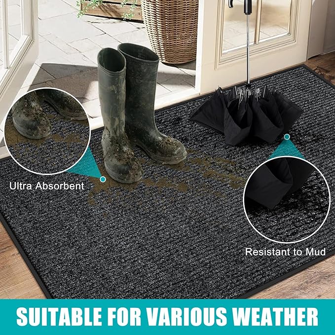 Azadx 2'x4' Indoor Outdoor Door Mat Heavy Duty Front Door Mat Ultra Absorbent Muddy Dirt Resist Welcome Door Mats Non-Slip Backing Entrance Mat for Home Commercial Outdoor Entrance Floor Mat