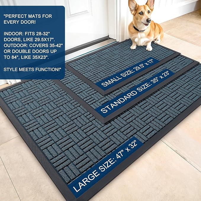 OLANLY Front Door Mat Outside Entrance 29.5x17, Absorbent, Heavy Duty Sturdy Natural Rubber Doormat Indoor Outdoor, Non-Slip, Stain and Fade Resistant, Low Profile Floor Mat for Entryway, Lake Blue