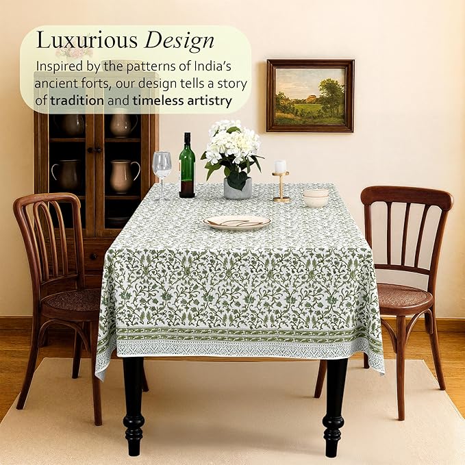 CPC Meadow Vine Tablecloth 100% Cotton 80x120 Inch Indian Block Print Rectangle Table Cover, Table Cloth for Gifting in Weddings, Halloween, Fall, Christmas, Thanksgiving