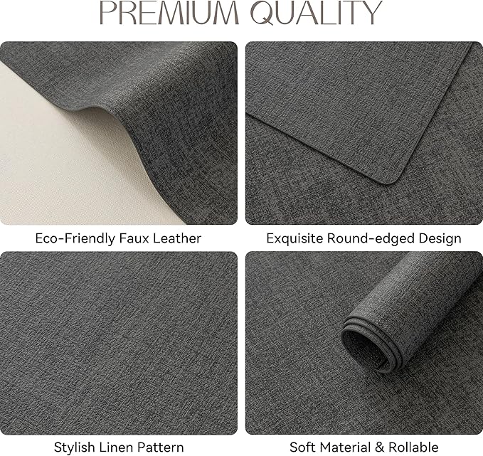 Romanstile Vinyl Placemats Set of 12-12 X 17 Inch - Heat Resistant Place Mats 100% Waterproof Oilproof Wipeable Reversible Faux Leather Table Mats for Kitchen, Dining, Party, Outdoor, Charcoal