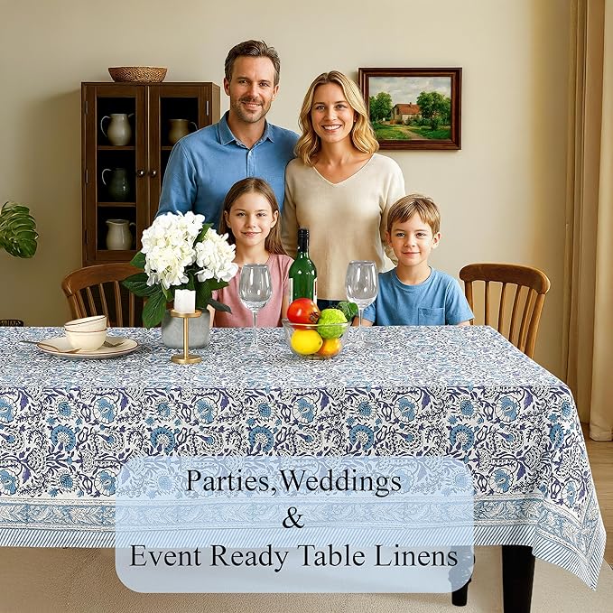 CPC Tablecloth 100% Cotton 60x60 Inch Indian Block Print Square Table Cover, Table Cloth for Weddings, Spring/Summer, Barbeque - Indigo Blue