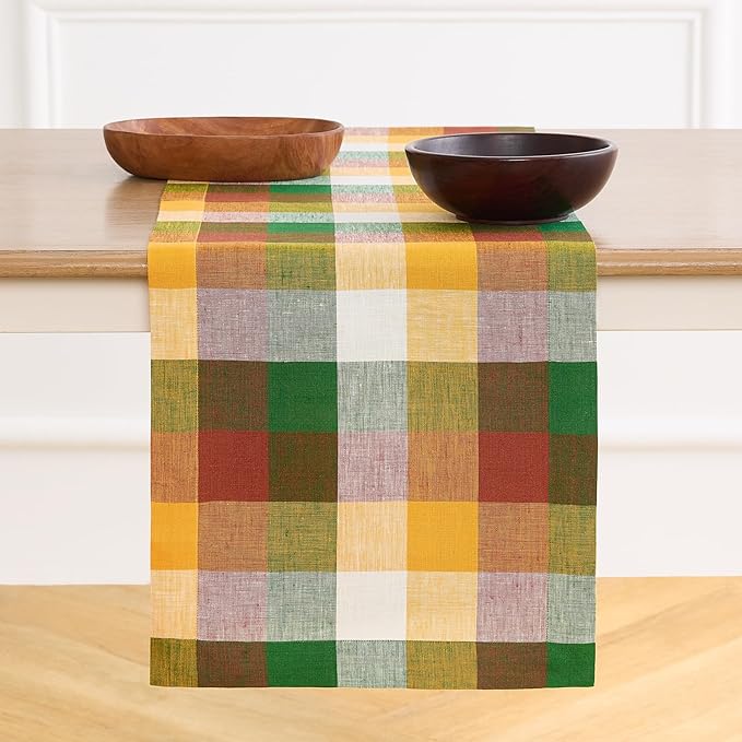 Solino Home Linen Table Runner 48 Inches - 100% Pure Linen Fall Multicolor Buffalo Check Short Table Runner 14 x 48 Inch Ideal for Dresser and Coffee Tables