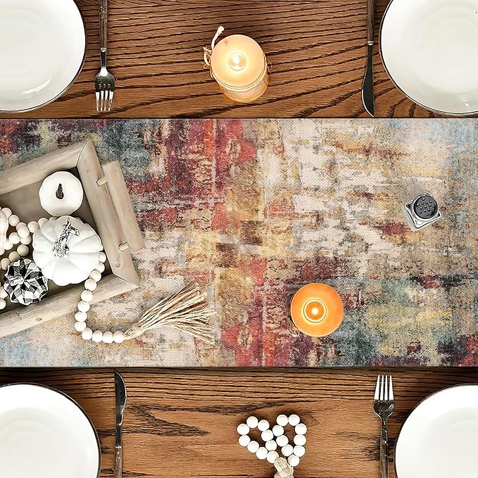 OYIMUA Modern Abstract Rust Colorful Table Runner 13 x 90 Inches Summer Runners for Tables Rustic Spring Fall Decorations for Home Indoor Outdoor Table Decor