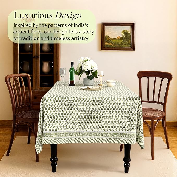 CPC Emerald Green Floral Hand Block Printed 100% Cotton Tablecloth 60x108 Rectangular Reusable and Washable Boho Dining Table Cloth Thanksgiving